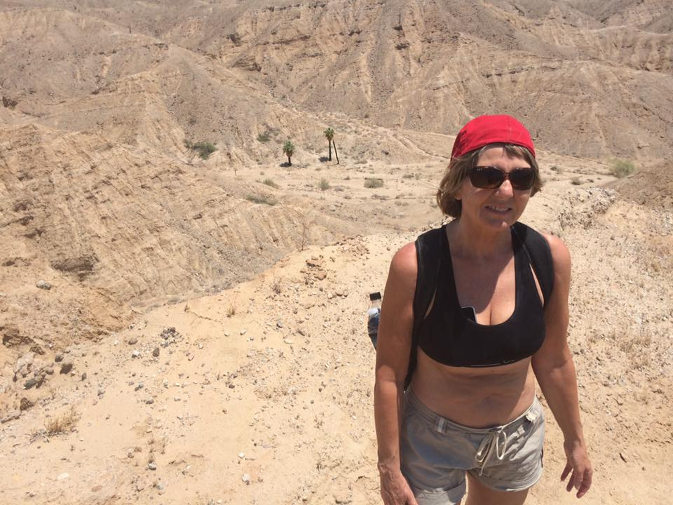 Helen på en ørkensti med palmer nede i dalen og bart fjellandskap rundt
